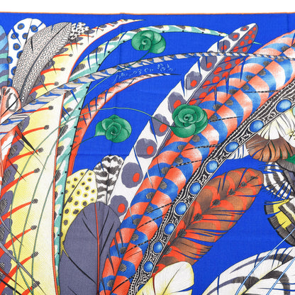 Hermes Cashmere Silk Plumes En Fete Shawl 140 Bleu Roy Jaune Rouge 2 of 7