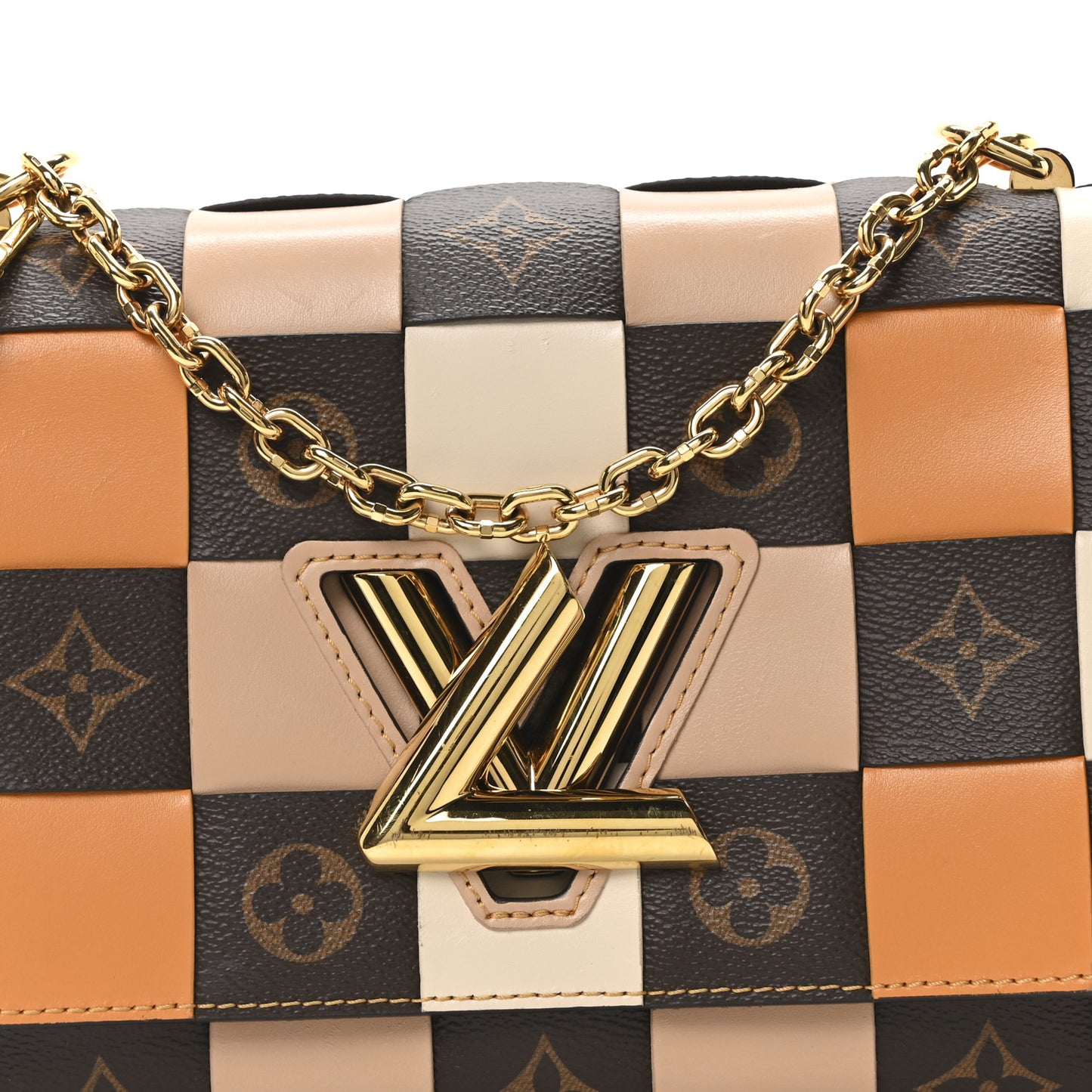 Calfskin Monogram Check Twist MM Beige White Orange