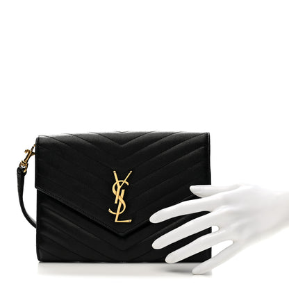 Saint Laurent Grain De Poudre Matelasse Chevron Monogram Envelope Clutch Black 2 of 11