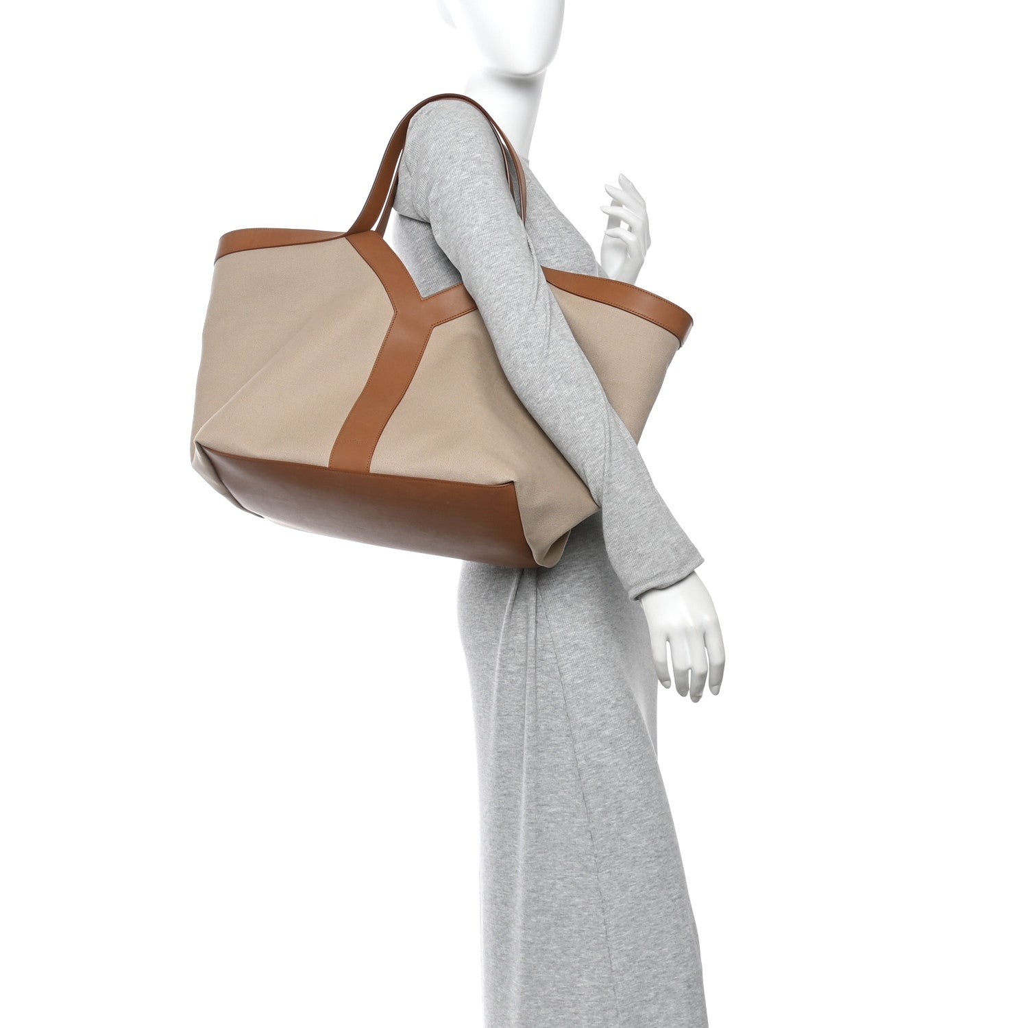 Saint Laurent Canvas Calfskin Y Tote Tan Natural 2 of 9