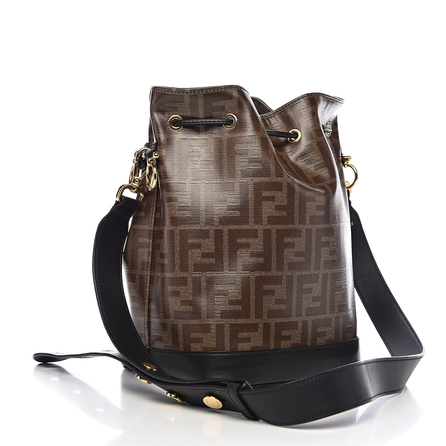 Glazed Fabric Vitello Grace F is Fendi FF 1974 Stamp Patch Grande Mon Tresor Bucket Bag Mogano Panna Black