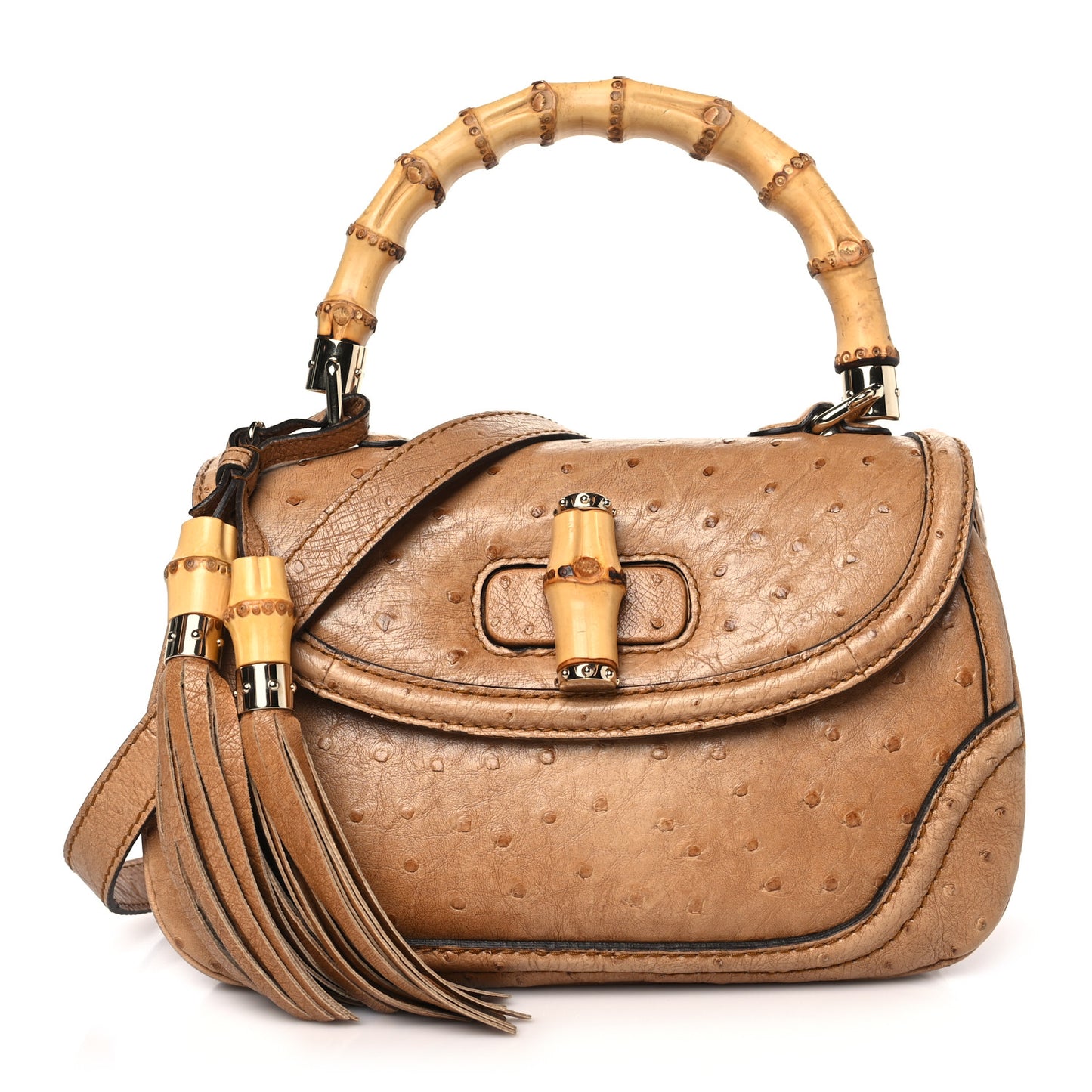 Ostrich Medium New Bamboo Top Handle Bag Brown