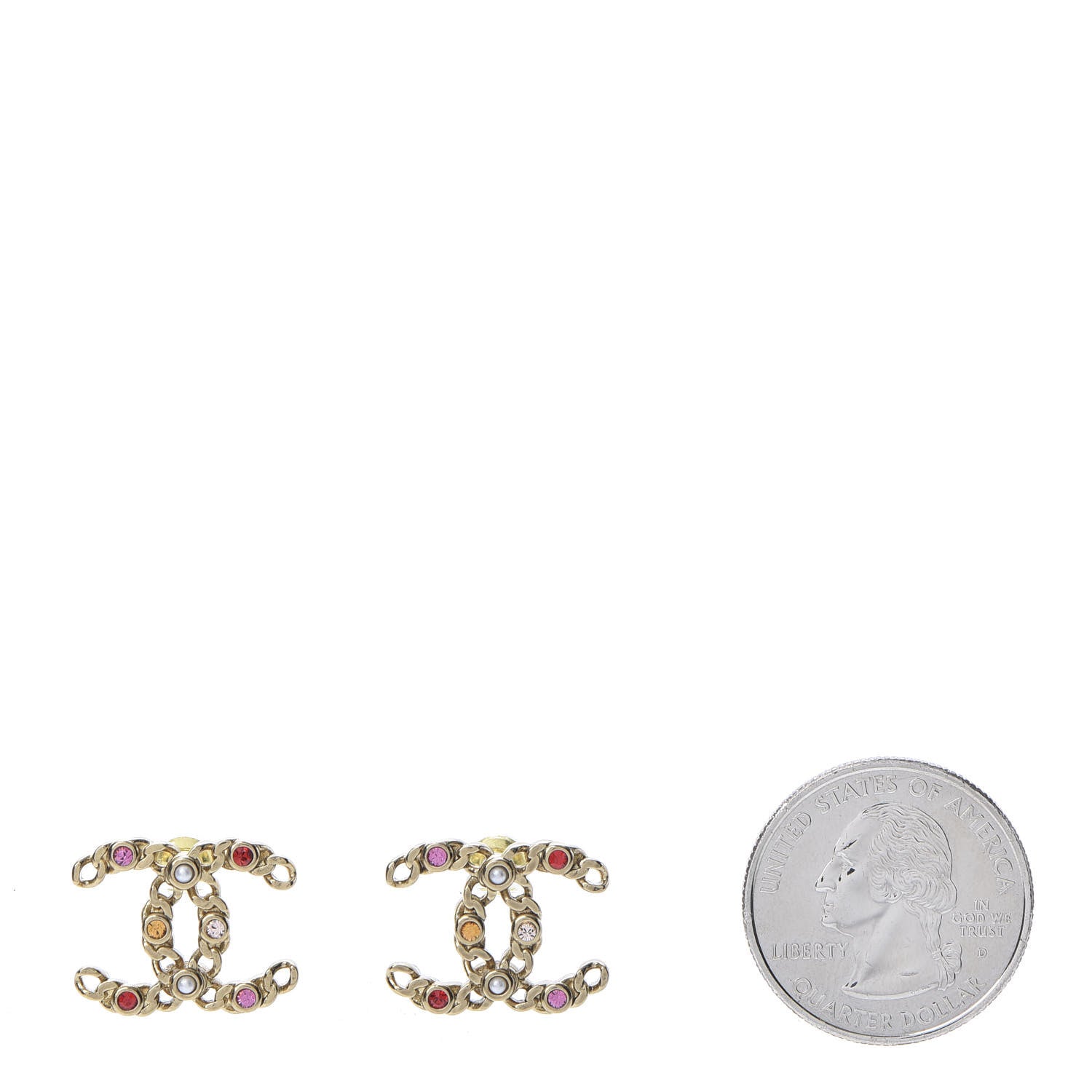 Chanel Pearl Crystal Chain Link CC Earrings Gold Red Pink Yellow 2 of 5