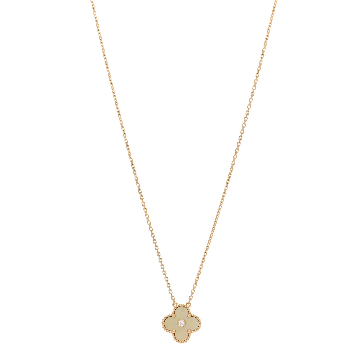 18K Yellow Gold Diamond Yellow Mother of Pearl Vintage Alhambra Pendant Necklace
