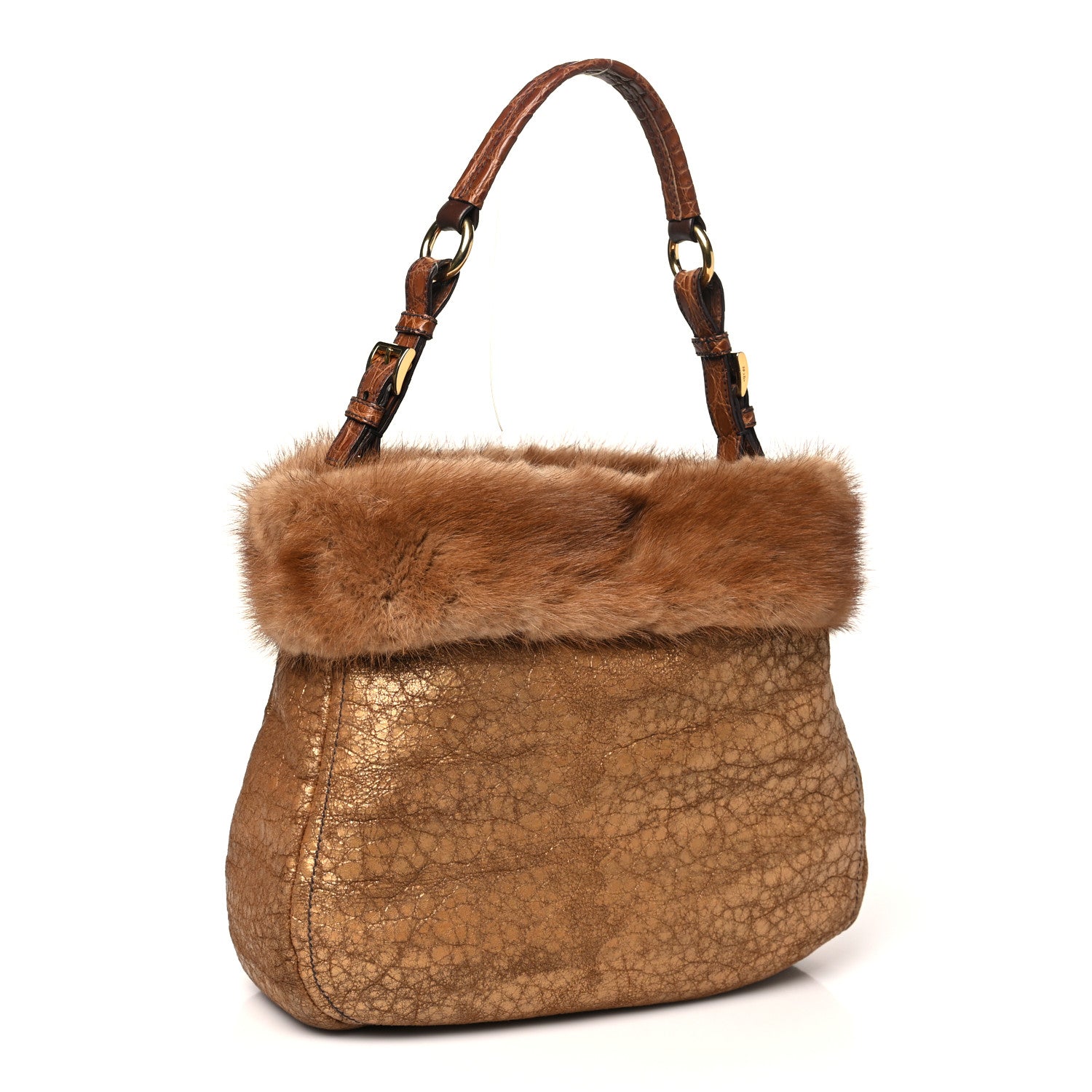 Prada Metallic Suede Mink Shearling Crocodile Embossed Tote Gold 3 of 10