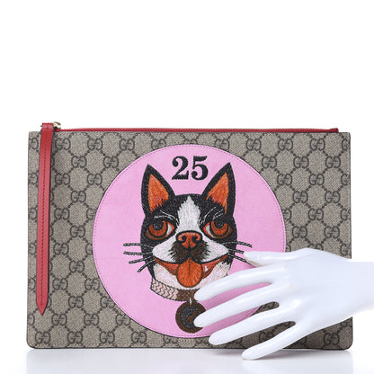 Gucci GG Supreme Monogram Bosco Patch Zip Pouch Beige Malva Hibiscus Red 2 of 9
