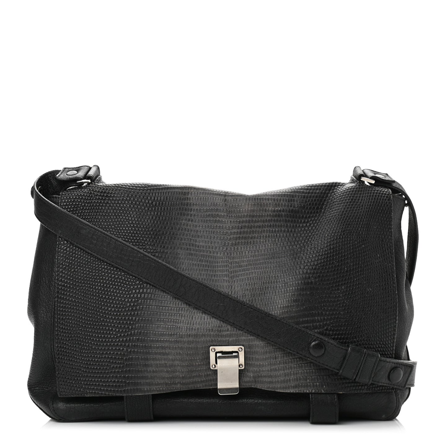 Calfskin Lizard Embossed Large Courier Bag Black