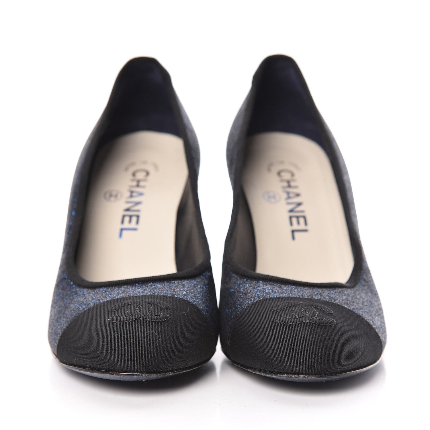 Chanel Glitter Grosgrain Cap Toe Logo Pumps 36.5 Blue 2 of 11
