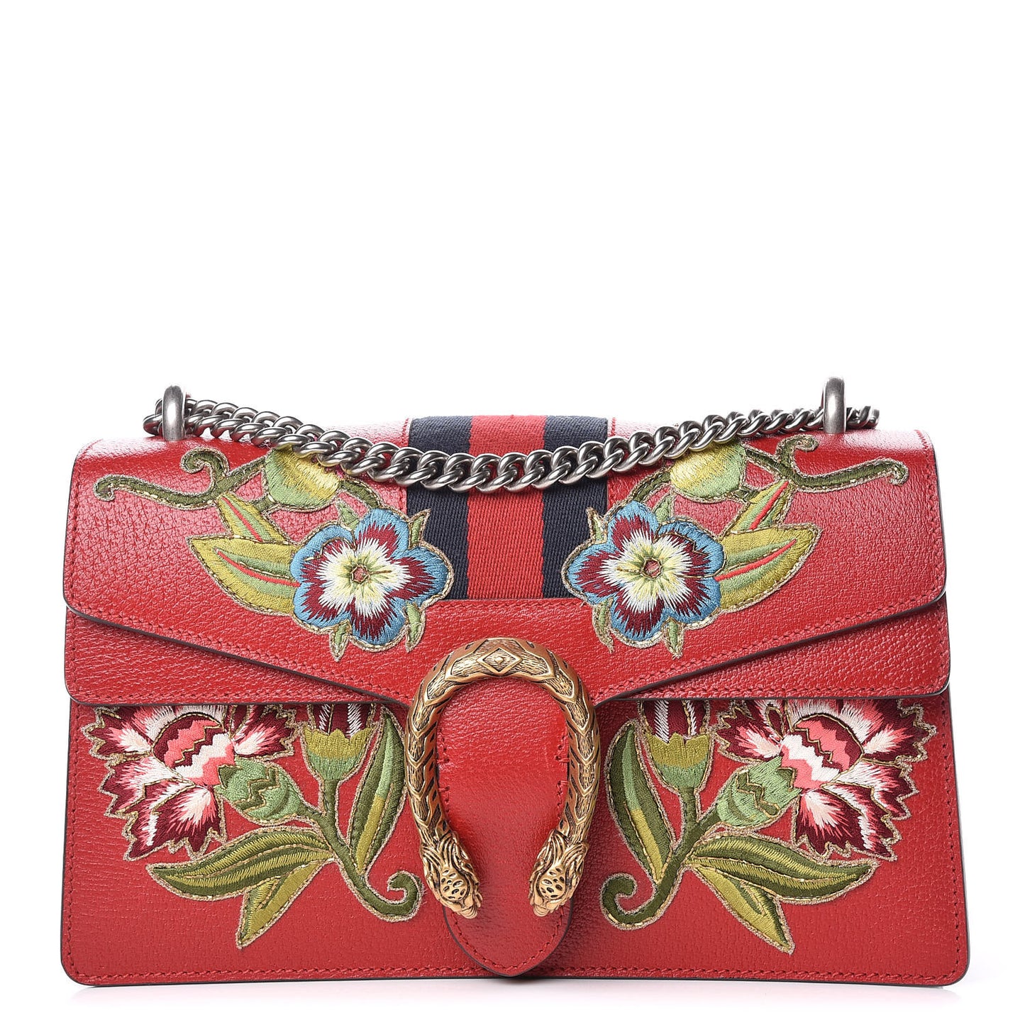 Calfskin Web Floral Embroidered Small Dionysus Shoulder Bag Hibiscus Red