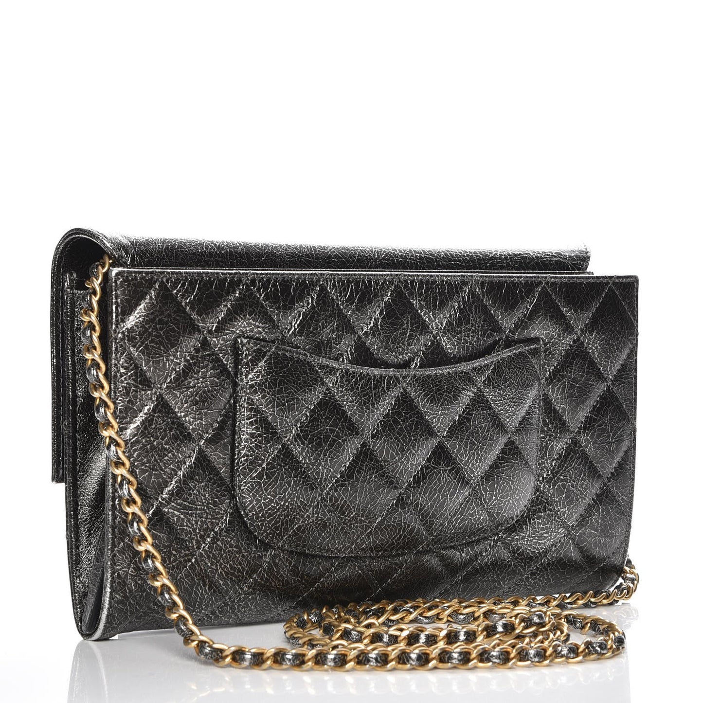 Cracked Metallic Calfskin Quilted Zip Away Chain Clutch Dark Silver