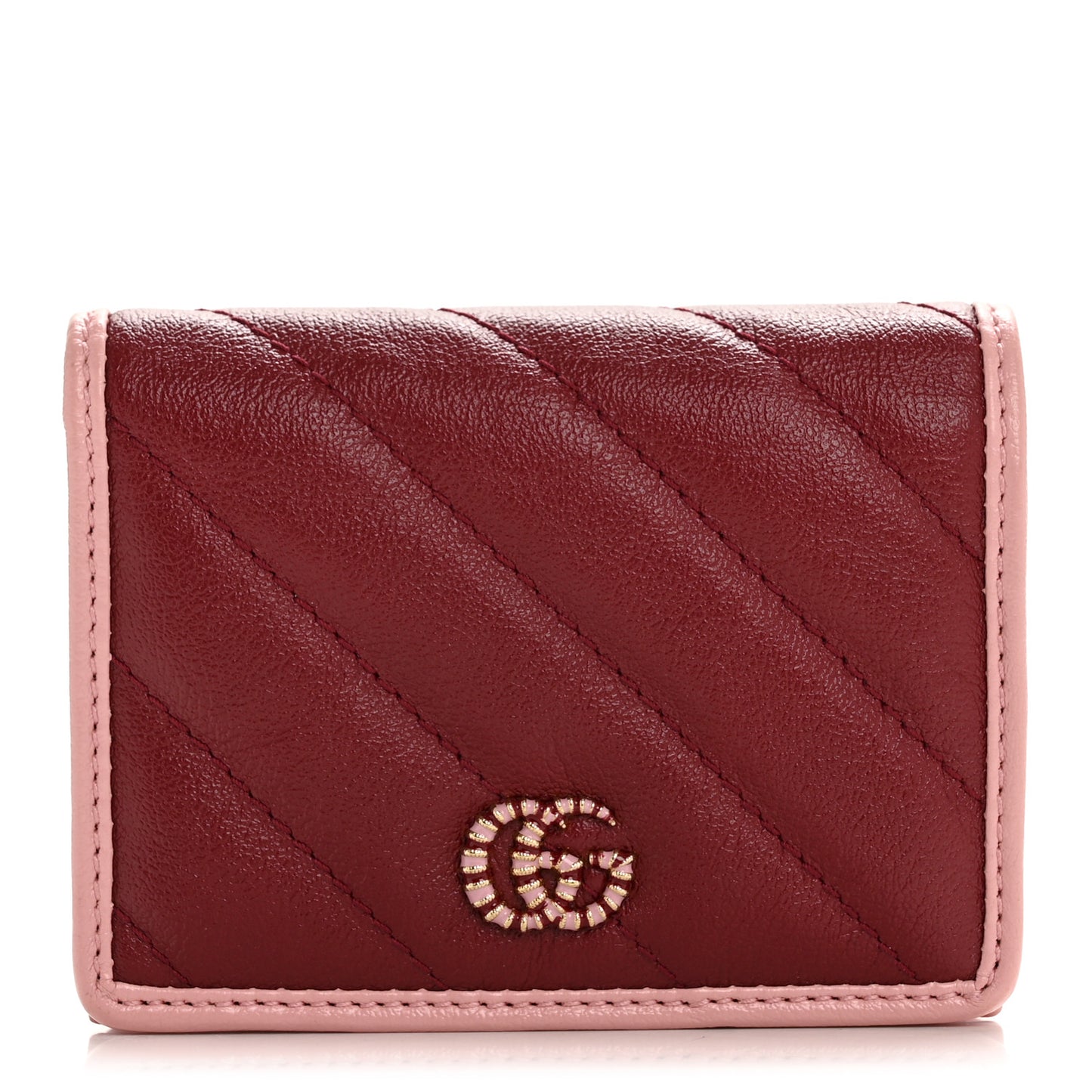 Azalea Calfskin Enamel Matelasse Diagonal Torchon GG Marmont Card Case New Cherry Red Wild Rose