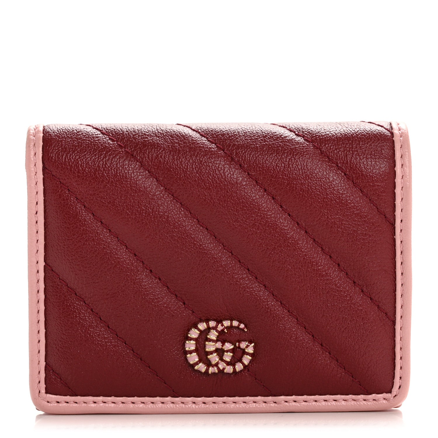 Gucci Azalea Calfskin Enamel Matelasse Diagonal Torchon GG Marmont Card Case New Cherry Red Wild Rose 1 of 8