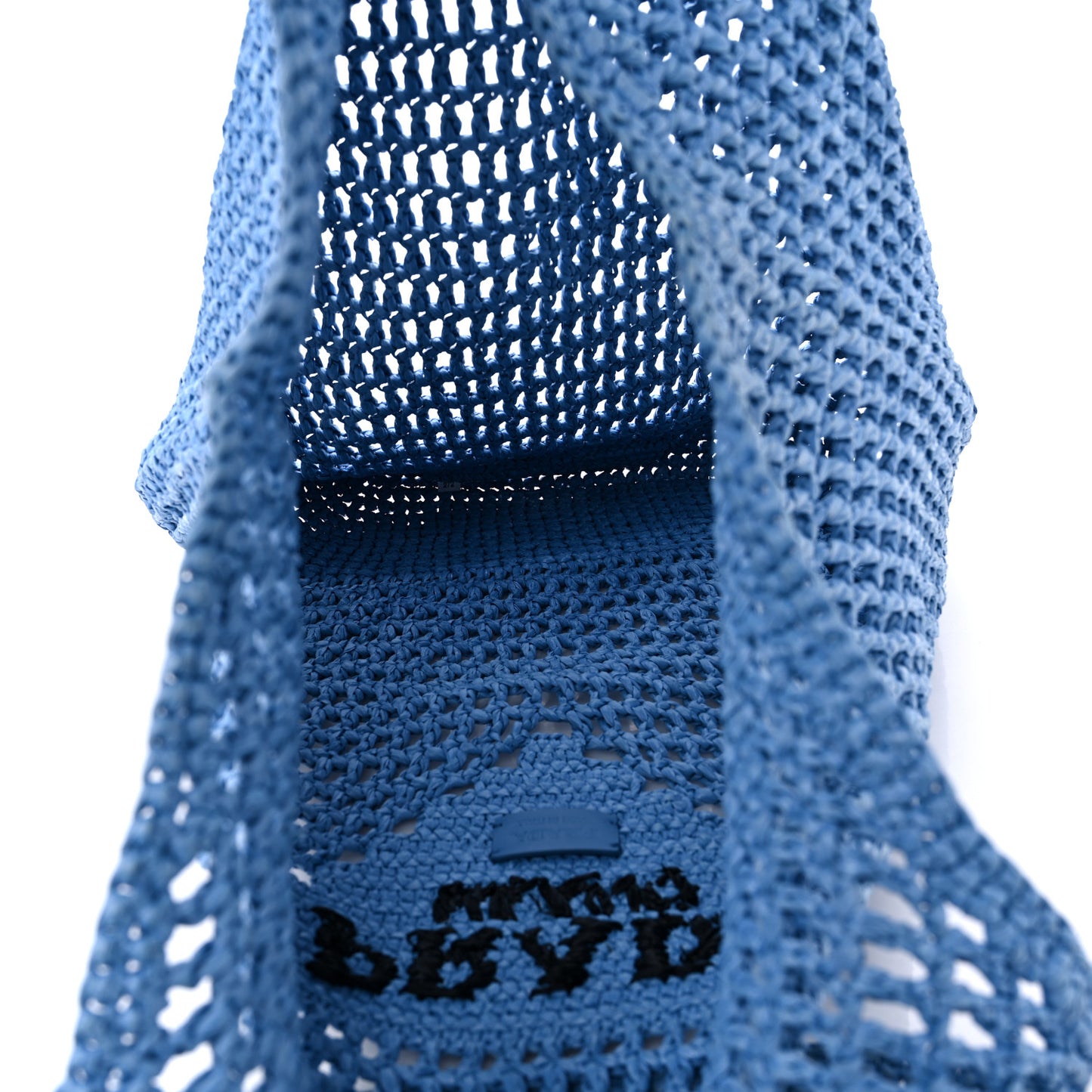 Yarn Raffia Effect Crochet Logo Embroidered Shopping Tote Bag Celeste