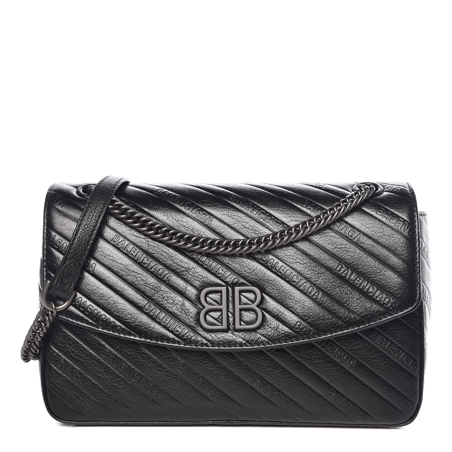 Shiny Goatksin Logo Embossed Monochrome M BB Round Shoulder Bag Black