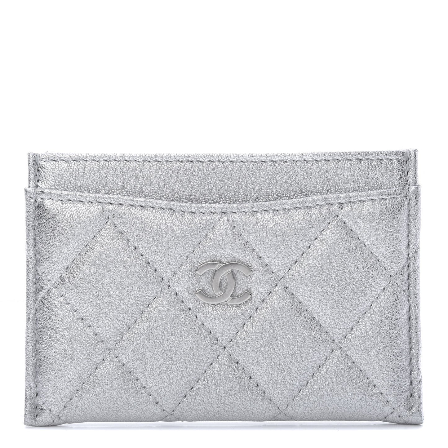 Metallic Lambskin Quilted Card Holder Silver