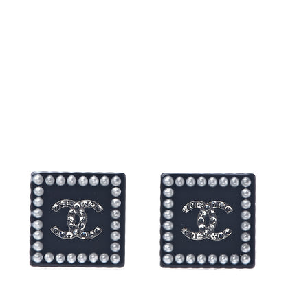 Chanel Resin Crystal Pearl Square CC Earrings Black 1 of 4