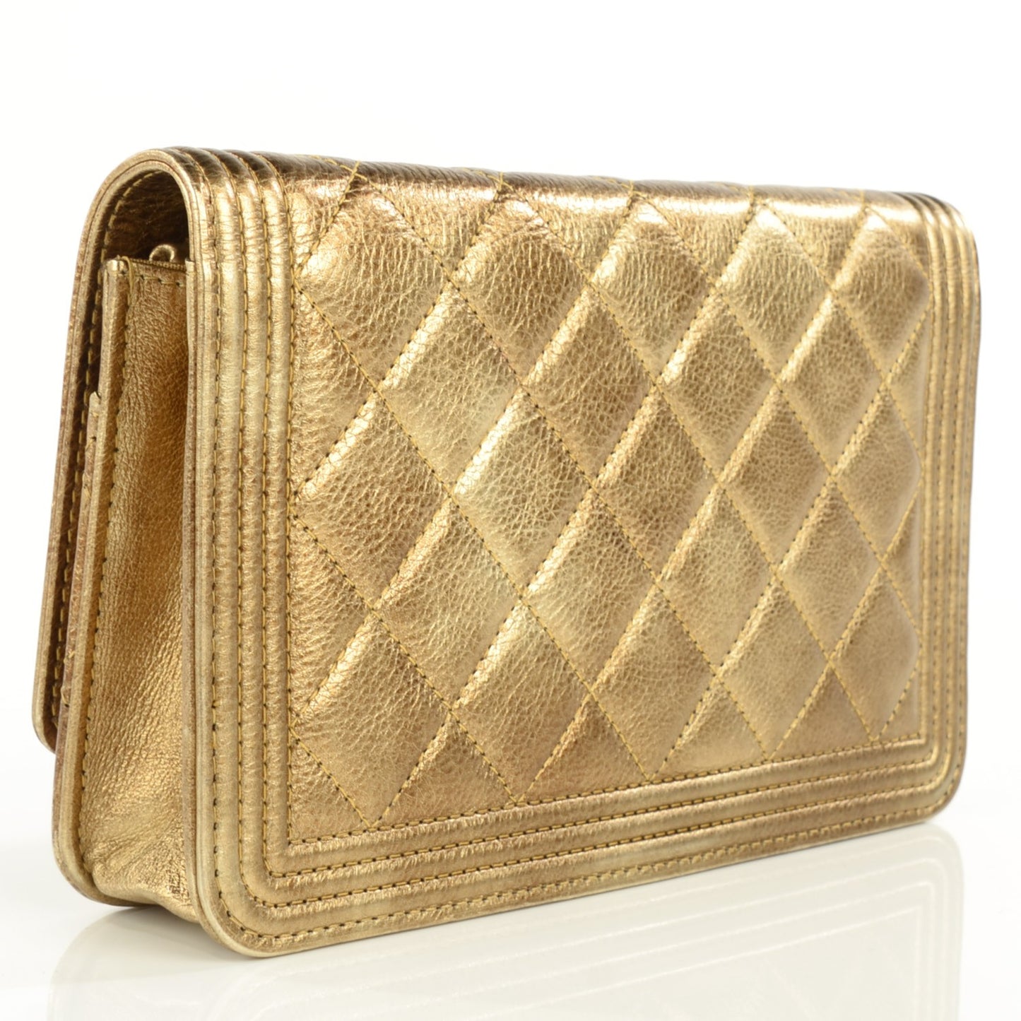 Distressed Calfskin Quilted Boy Wallet On Chain WOC Gold