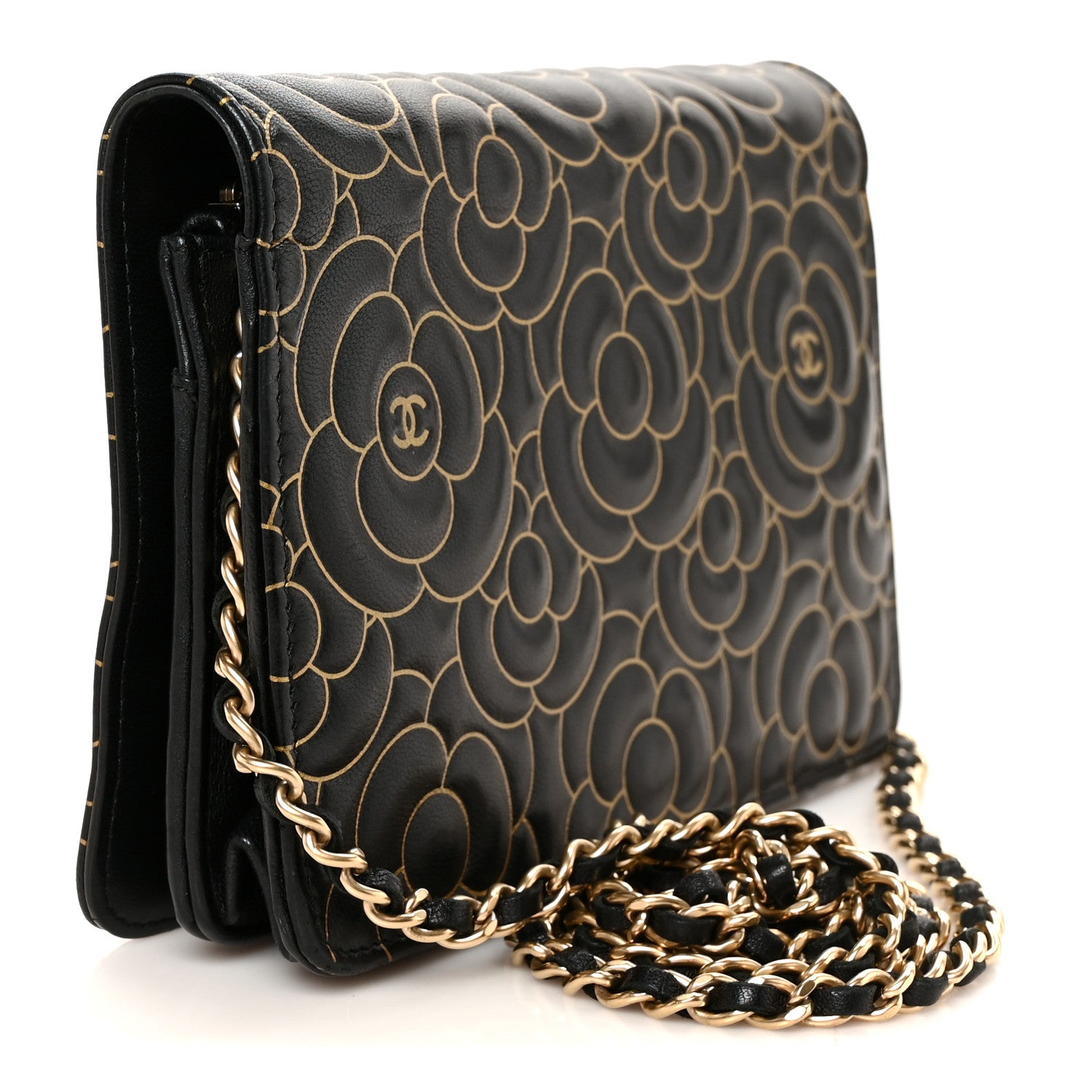 Chanel Lambskin Camellia Embossed Wallet On Chain WOC Black Gold 3 of 11