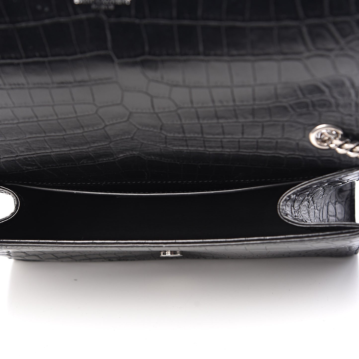 Calfskin Crocodile Embossed Medium Classic Monogram Kate Tassel Satchel Black