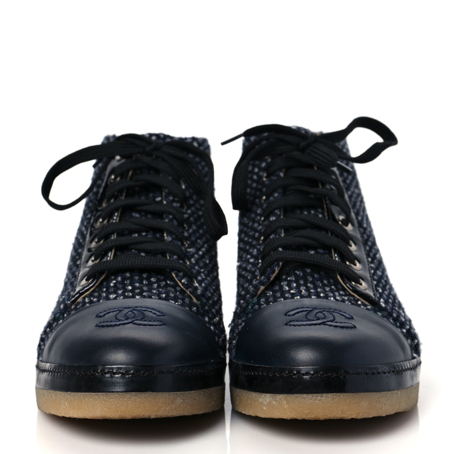 Tweed Calfskin Patent CC Lace Up Short Boots 36.5 Black Grey Dark Navy