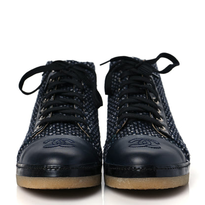 Chanel Tweed Calfskin Patent CC Lace Up Short Boots 36.5 Black Grey Dark Navy 2 of 7