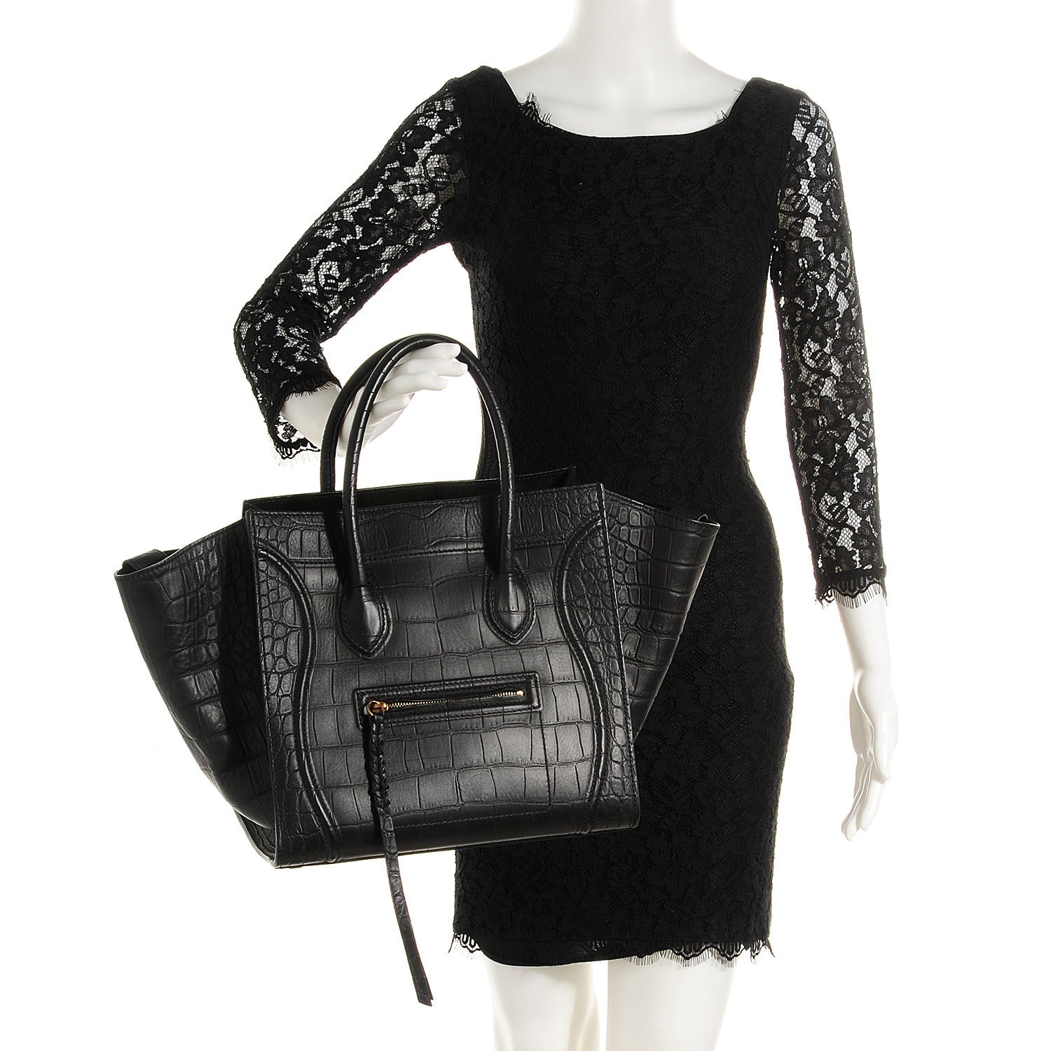 Celine Crocodile Embossed Medium Phantom Luggage Black 2 of 7