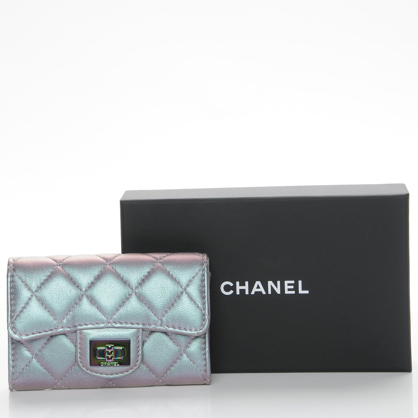 Iridescent Lambskin Quilted Reissue Flap Card Holder Light Purple