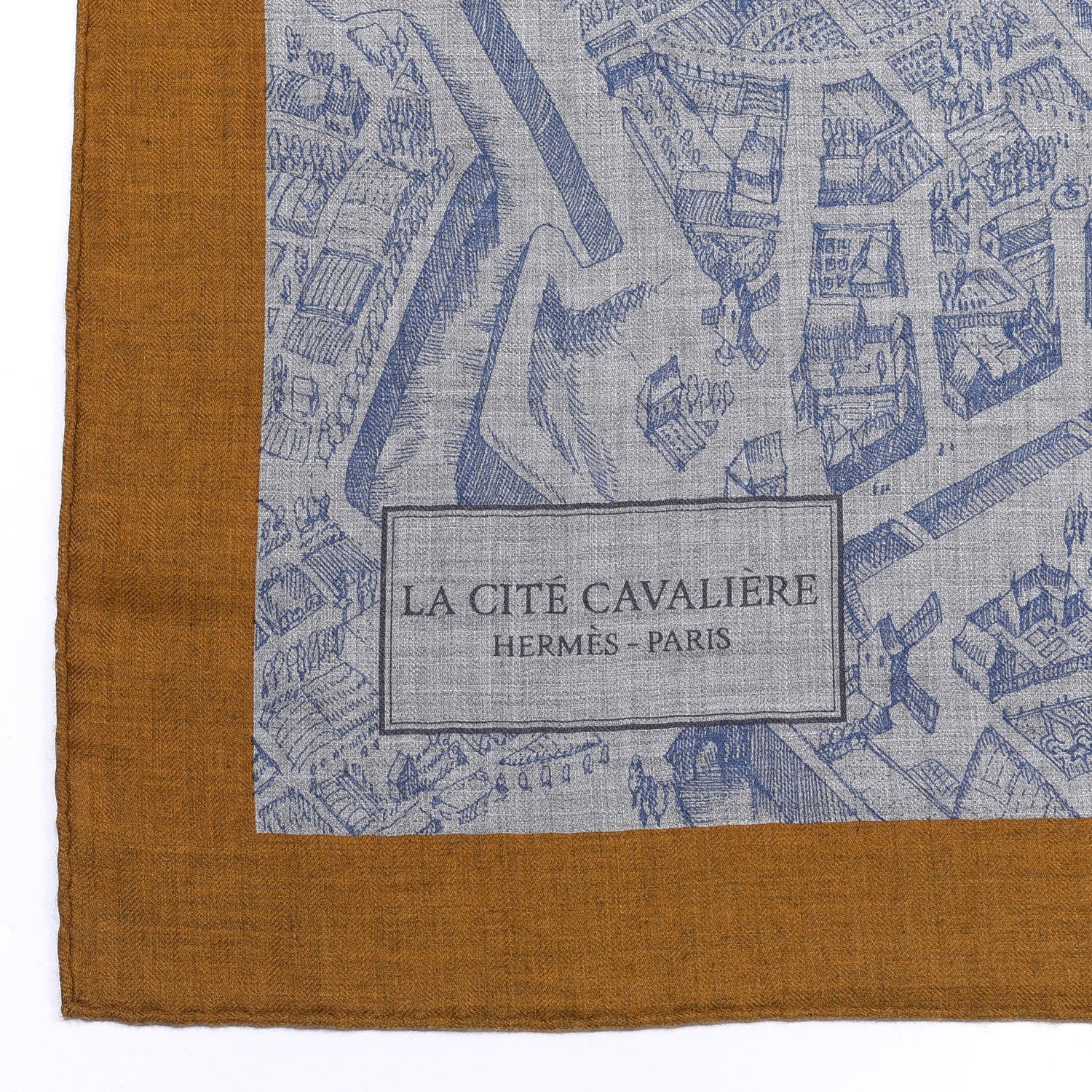 Hermes Cashmere Silk La Cite Cavaliere Shawl 140 Gold Gris Chine 2 of 4