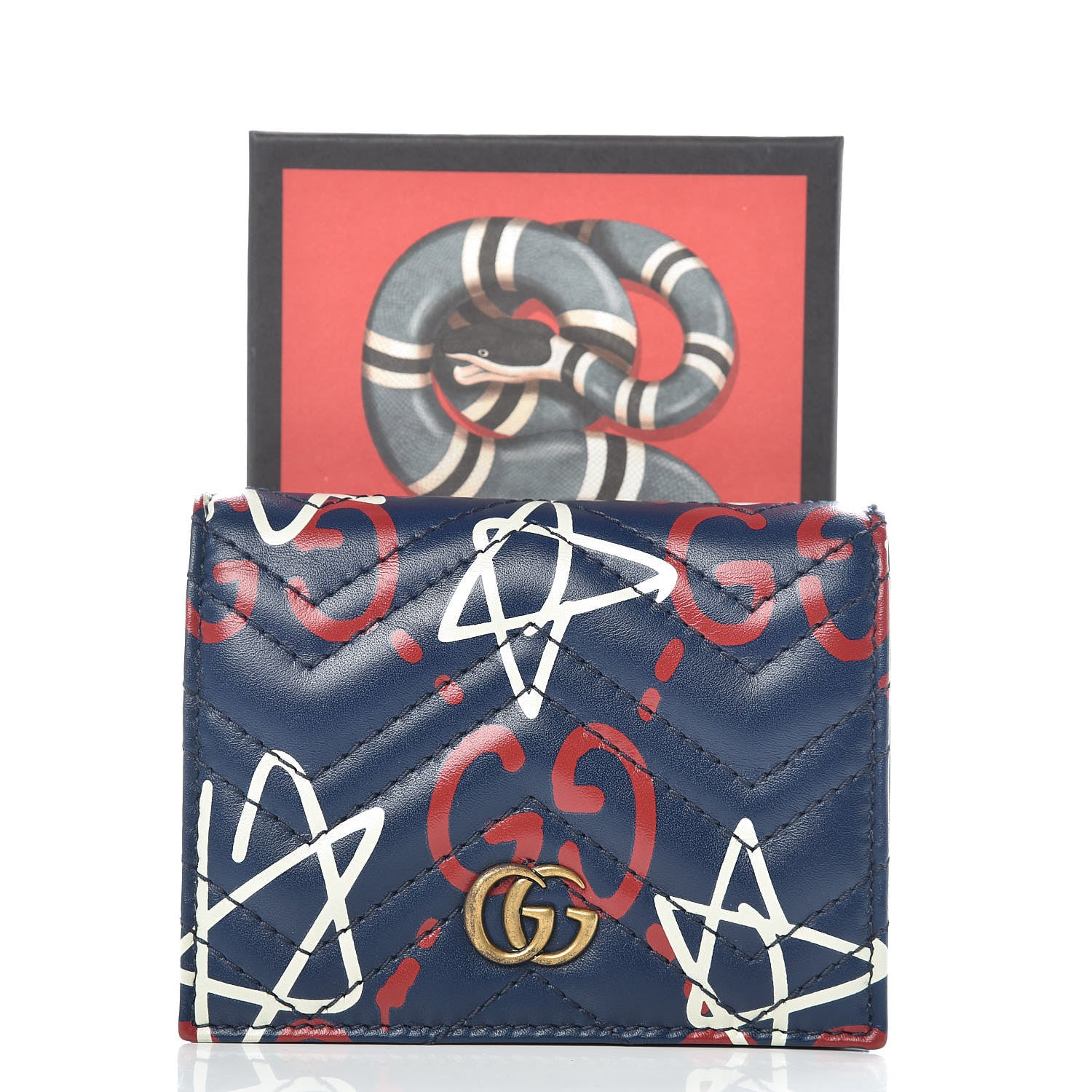 Gucci Calfskin Matelasse GucciGhost GG Marmont Card Case Blue Agata Hibiscus Red 8 of 8