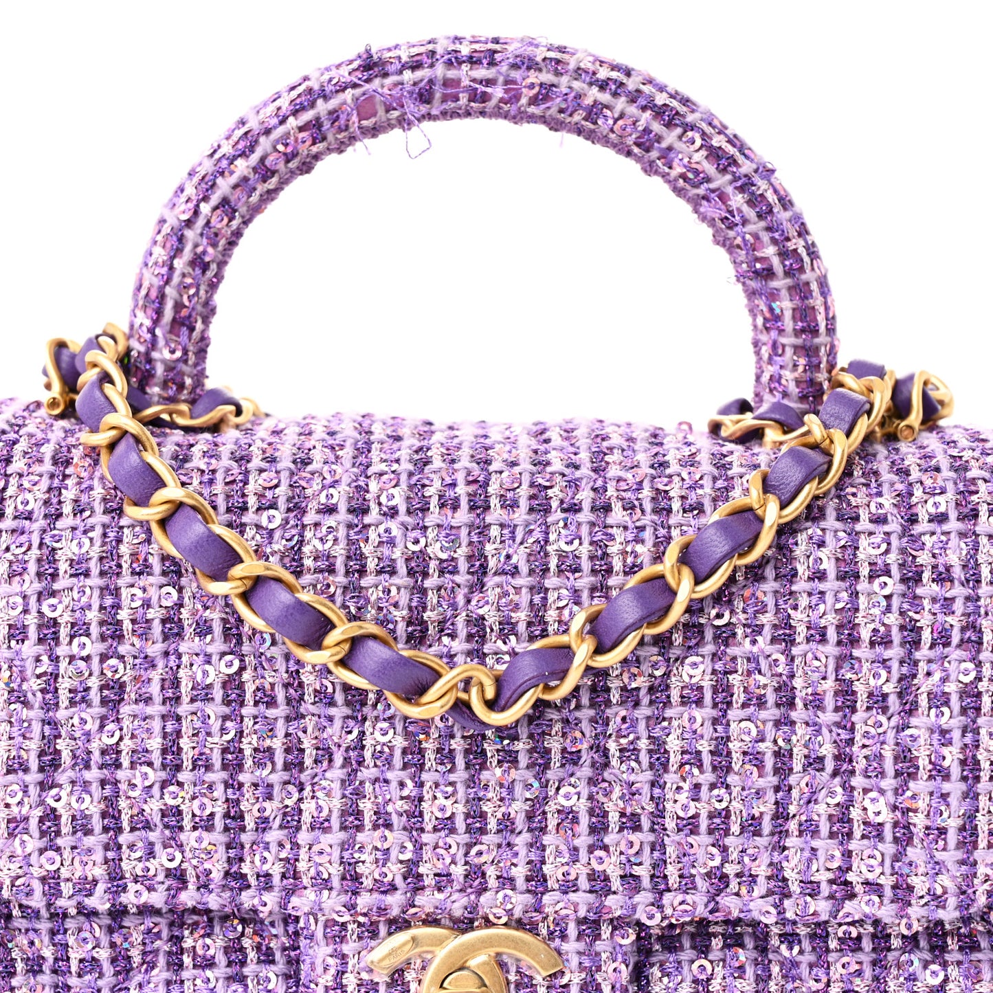 Tweed Sequin Quilted Baywatch Top Handle Flap Purple