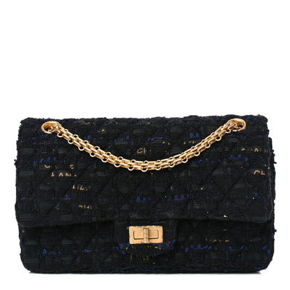 Chanel Tweed Quilted 2.55 Reissue 225 Flap Black Gold Navy 1 of 11