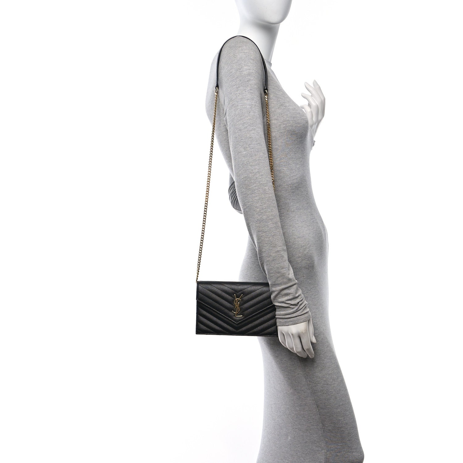 Saint Laurent Grain De Poudre Matelasse Chevron Monogram Envelope Chain Wallet Black 2 of 10