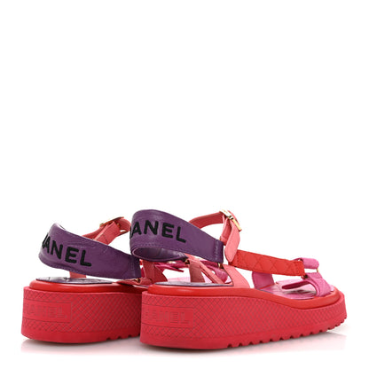 Chanel Lambskin Logo Platform Sandals 38 Red Purple Orange 5 of 11