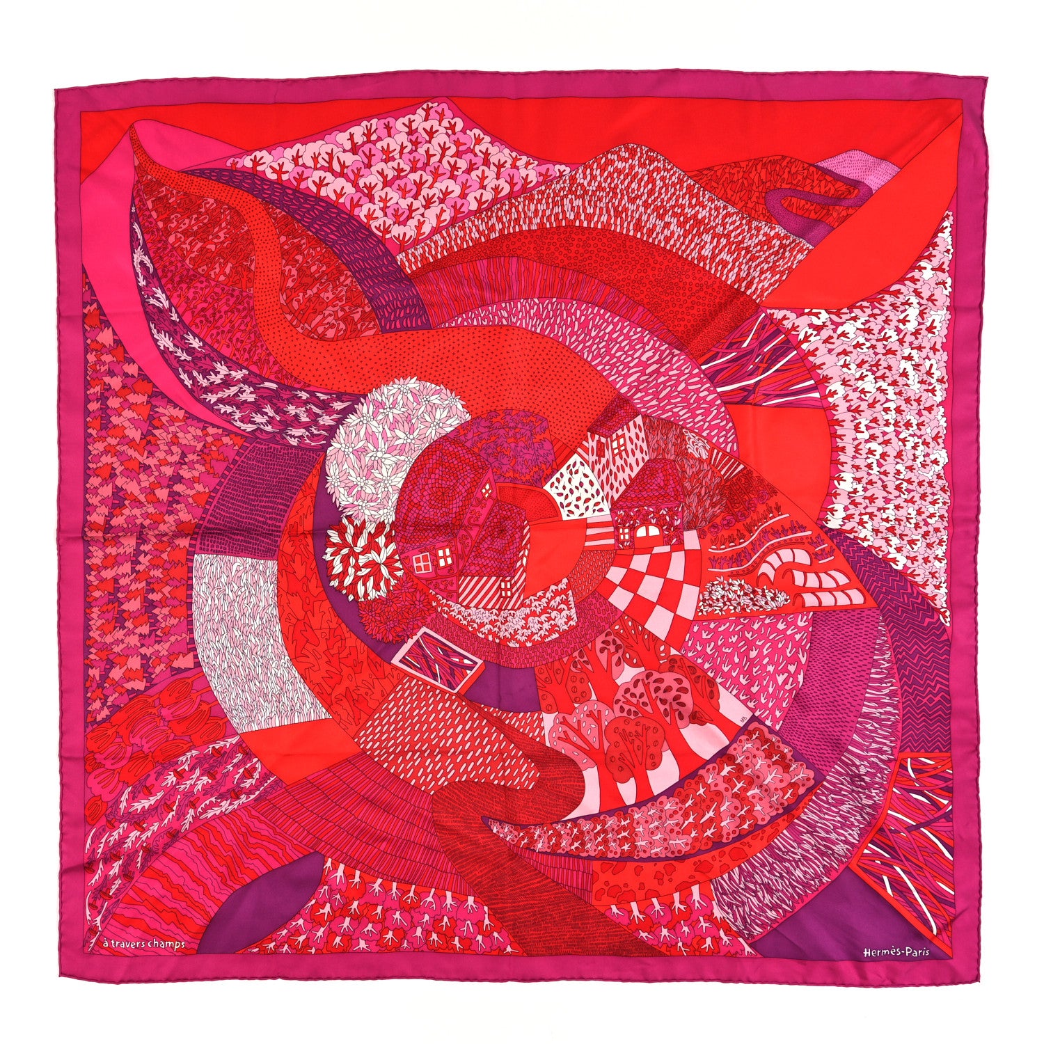 Hermes Silk A Travers Champs Scarf 90 Fuchsia Rouge Rose 1 of 3