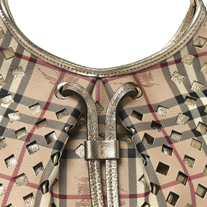 Burberry Haymarket Check Calfskin Claudia Drawstring Hobo Gold 8 of 10