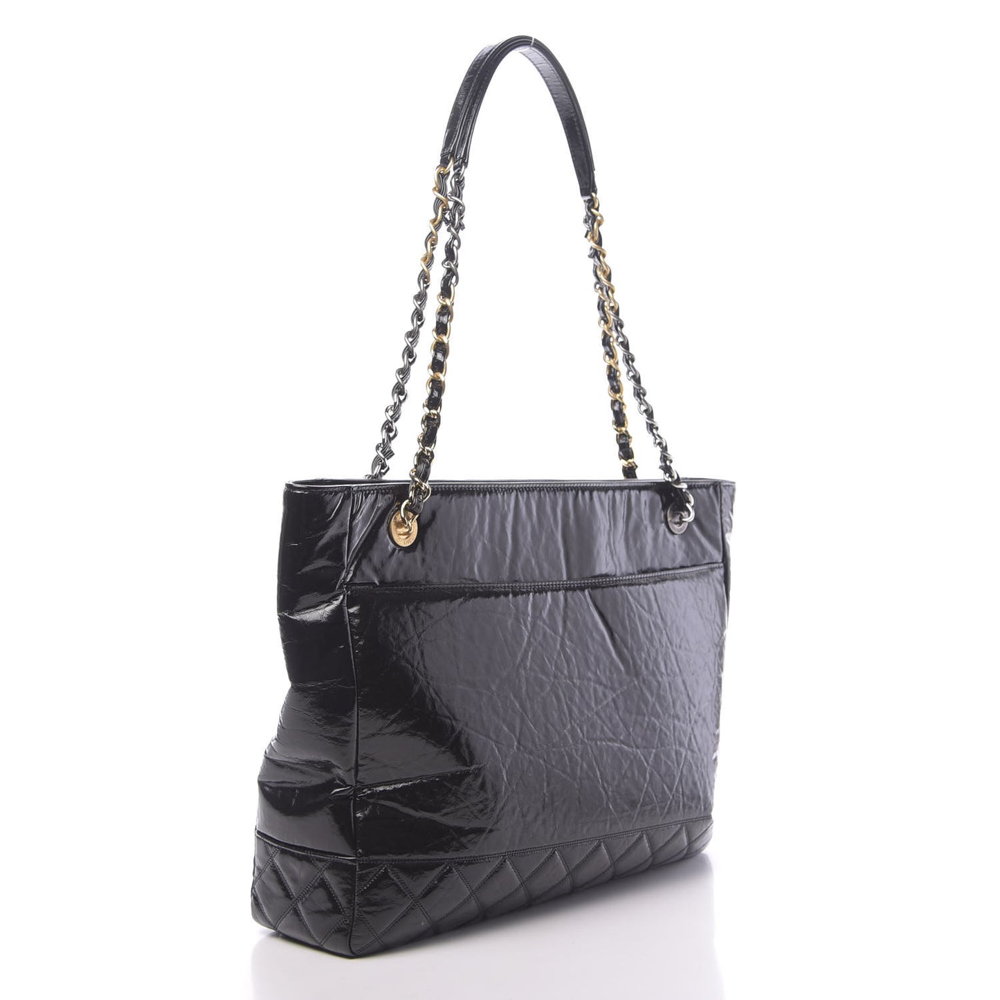 Shiny Aged Calfskin Quilted Large Shopping Bag Black