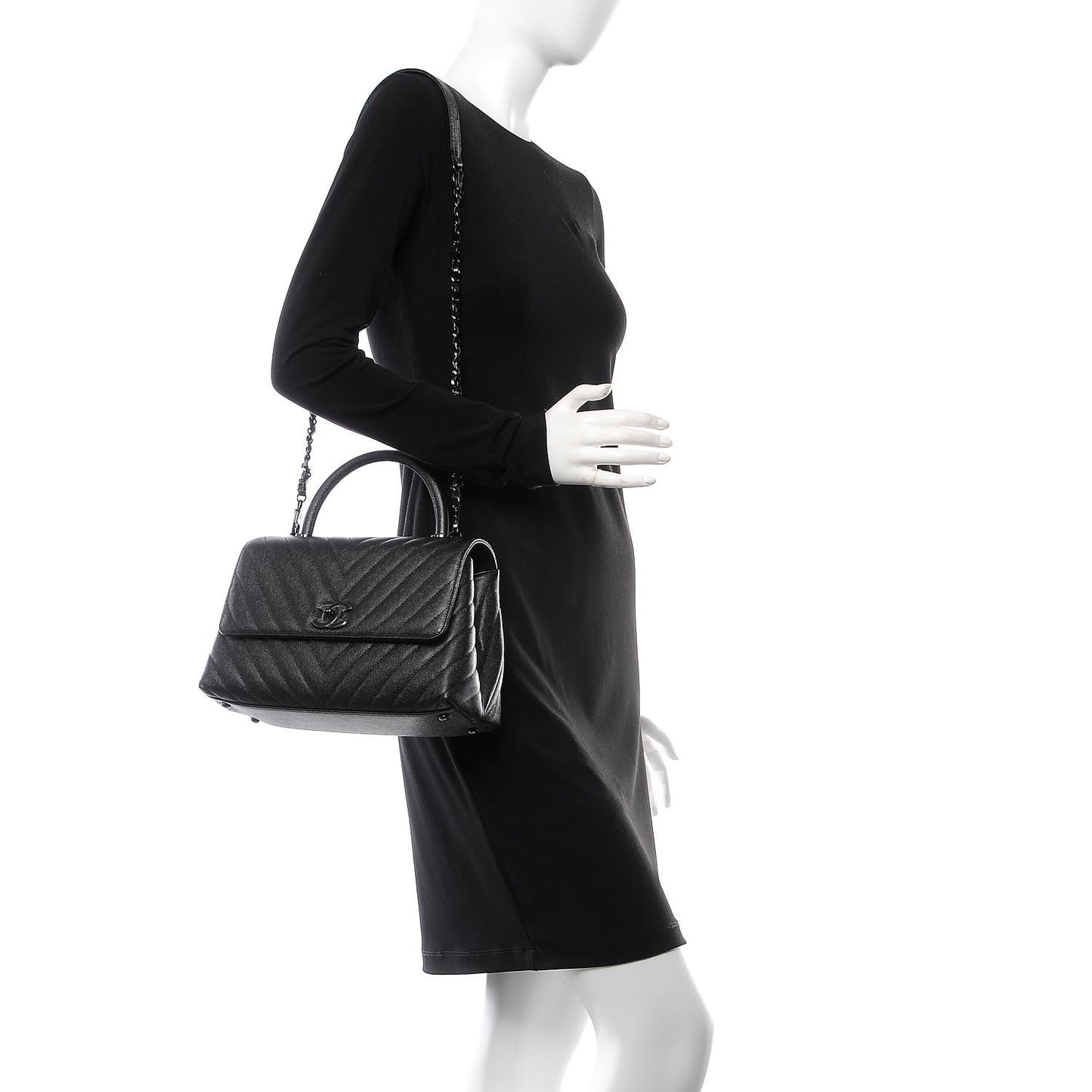 Caviar Chevron Quilted Small Coco Handle Flap So Black
