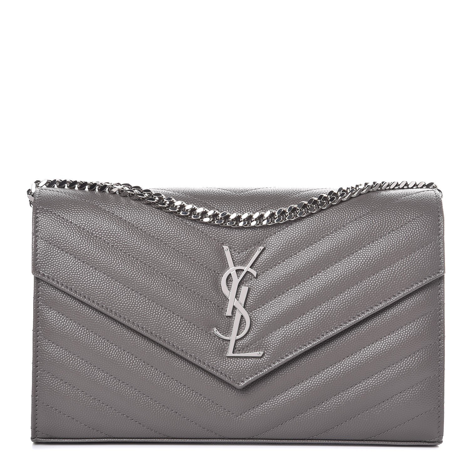 Saint Laurent Grain De Poudre Matelasse Chevron Monogram Chain Wallet Fog 1 of 6