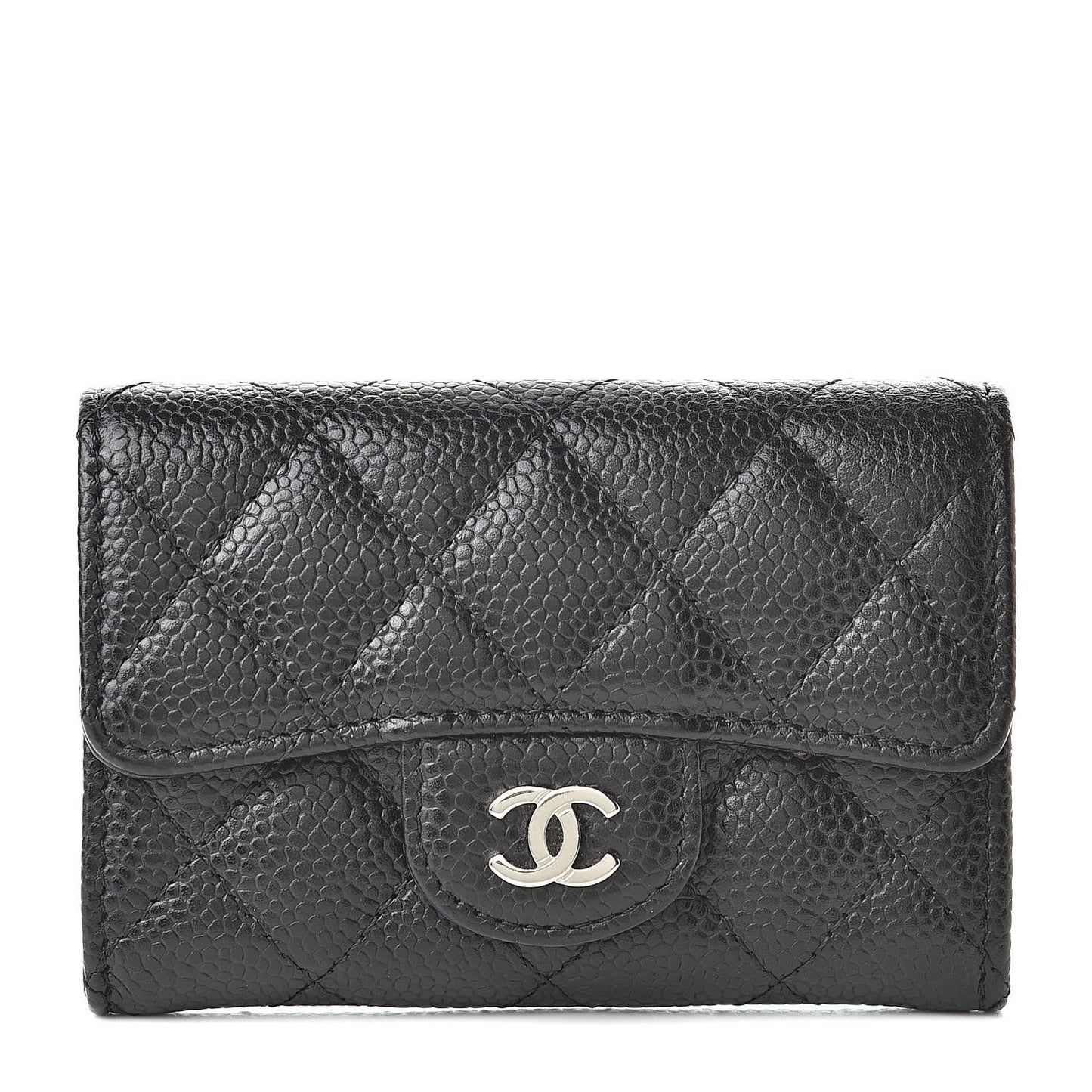 Caviar Quilted Flap Card Holder Wallet Black