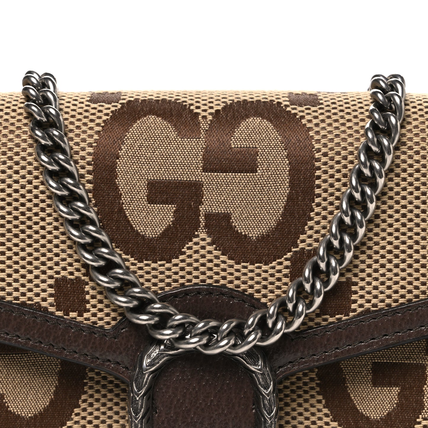 Monogram Jumbo GG Textured Dollar Calfskin Mini Dionysus Chain Wallet Camel Ebony New Acero