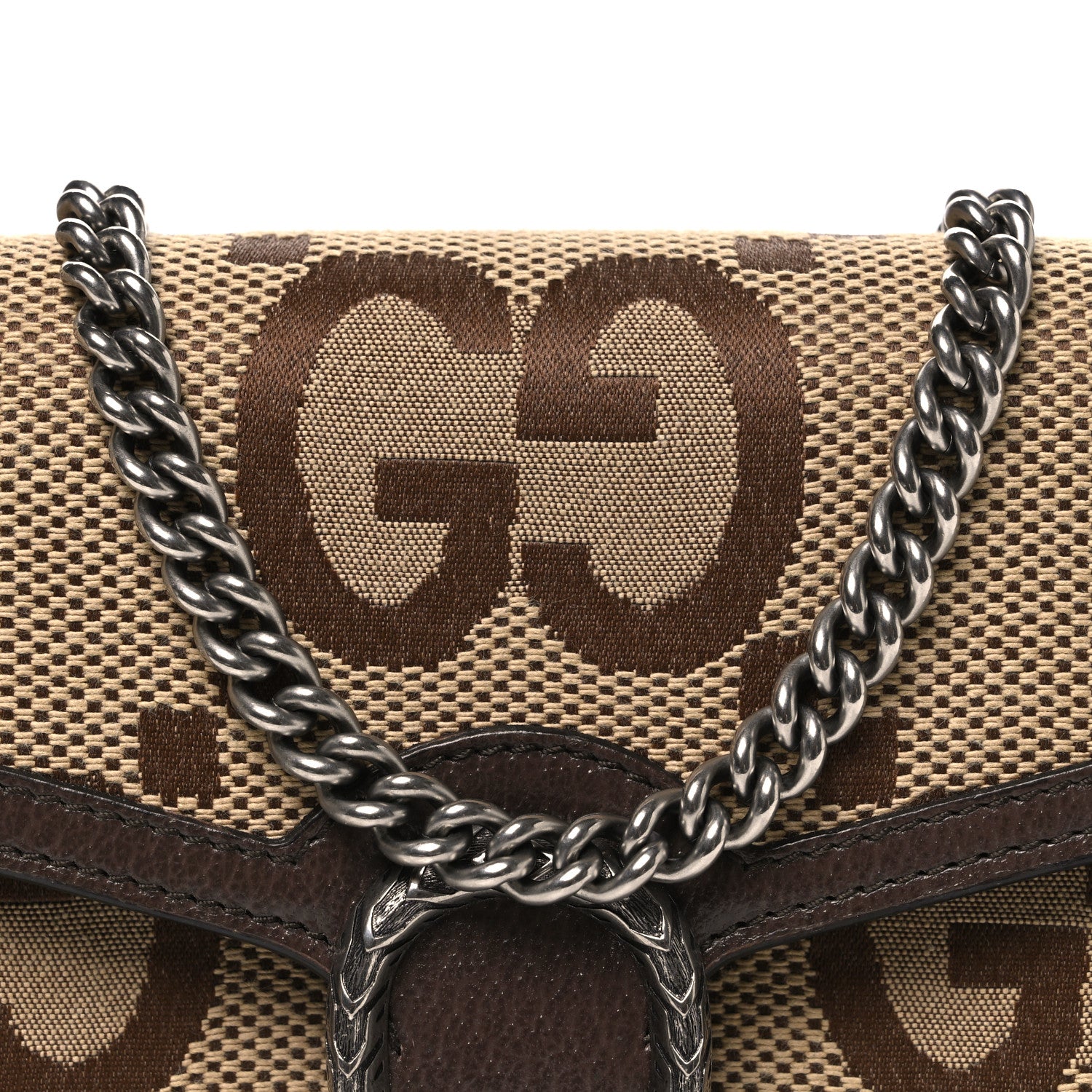 Gucci Monogram Jumbo GG Textured Dollar Calfskin Mini Dionysus Chain Wallet Camel Ebony New Acero 8 of 10