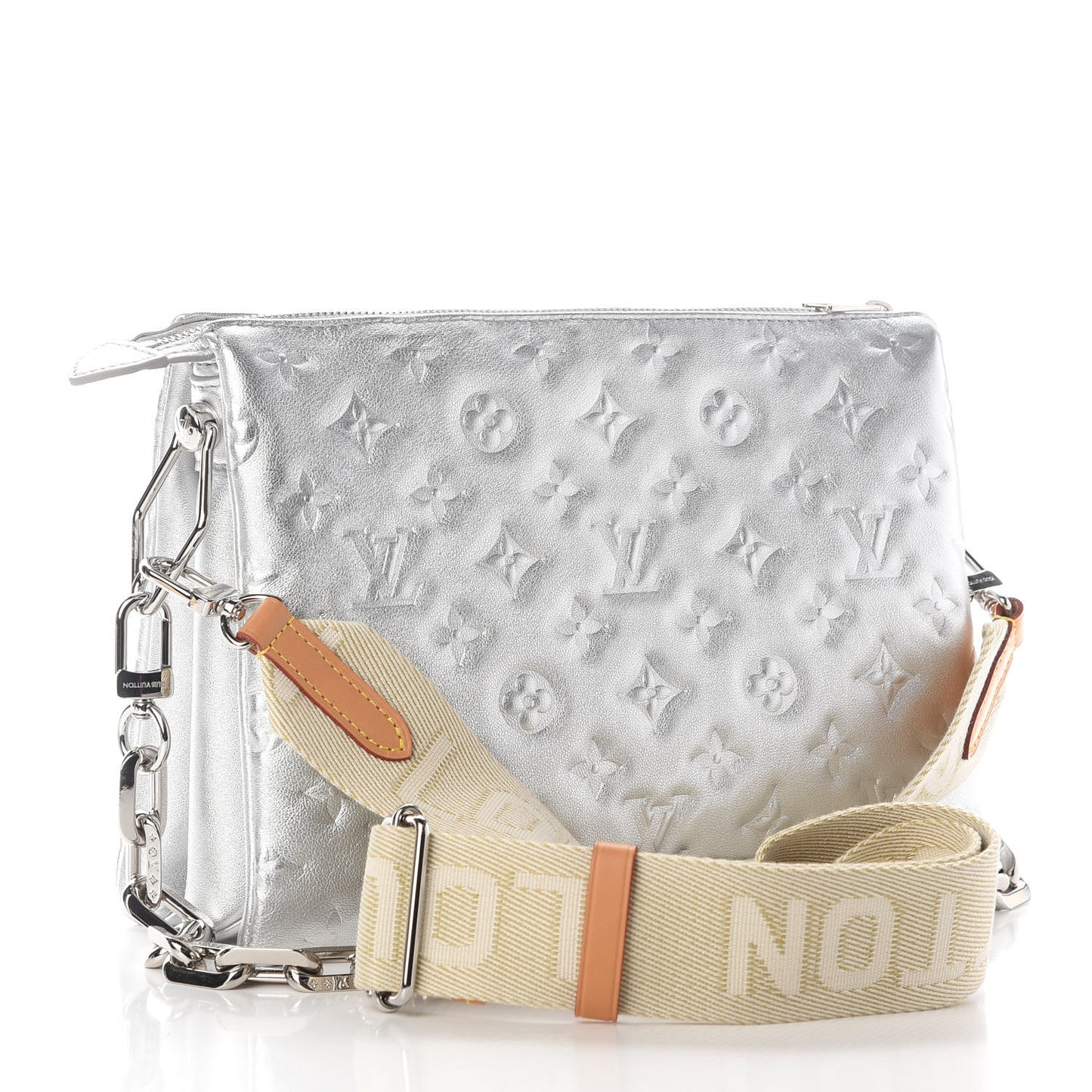 Metallic Lambskin Embossed Monogram Coussin PM Silver