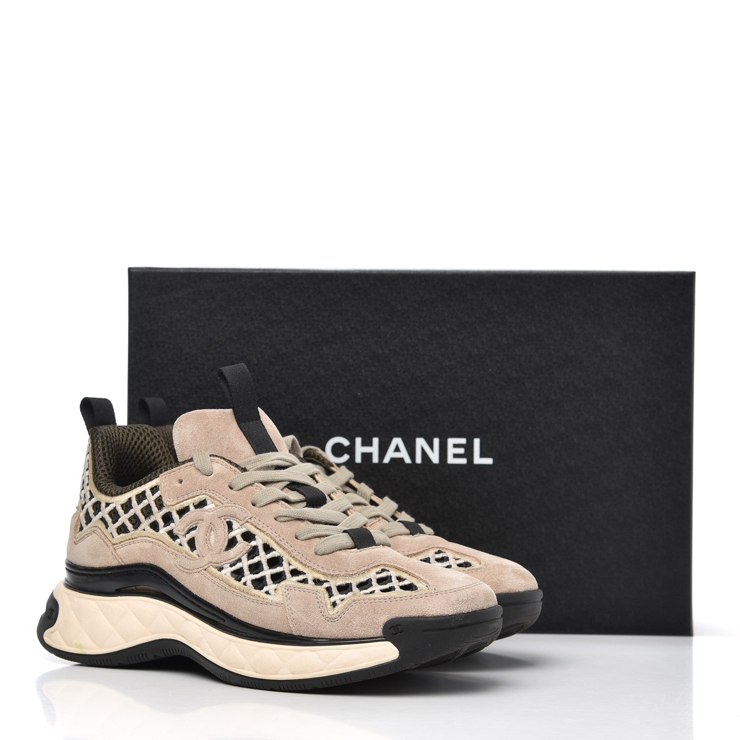 Chanel Suede Calfskin Embroidered CC Sneakers 38 Beige Black 18 of 18