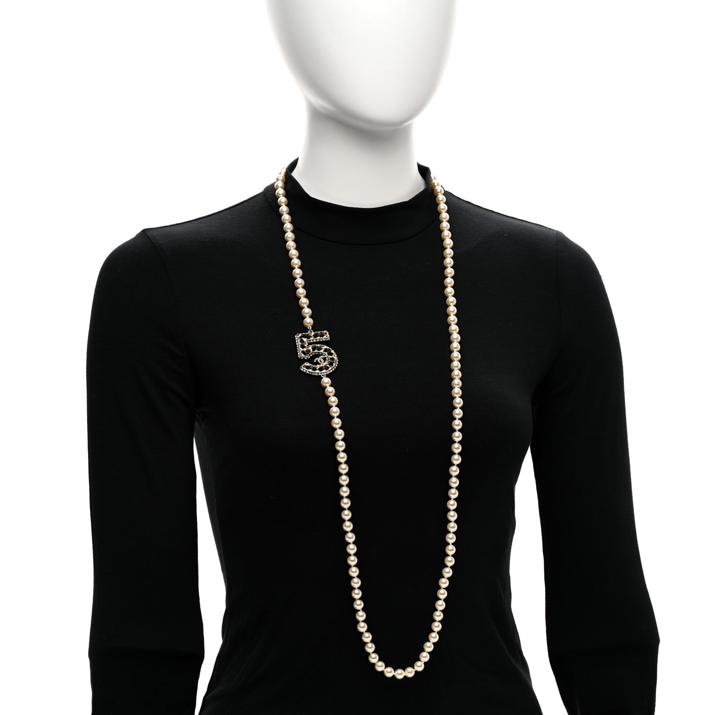 Pearl Crystal Lambskin Chain CC No 5 Long Necklace Gold