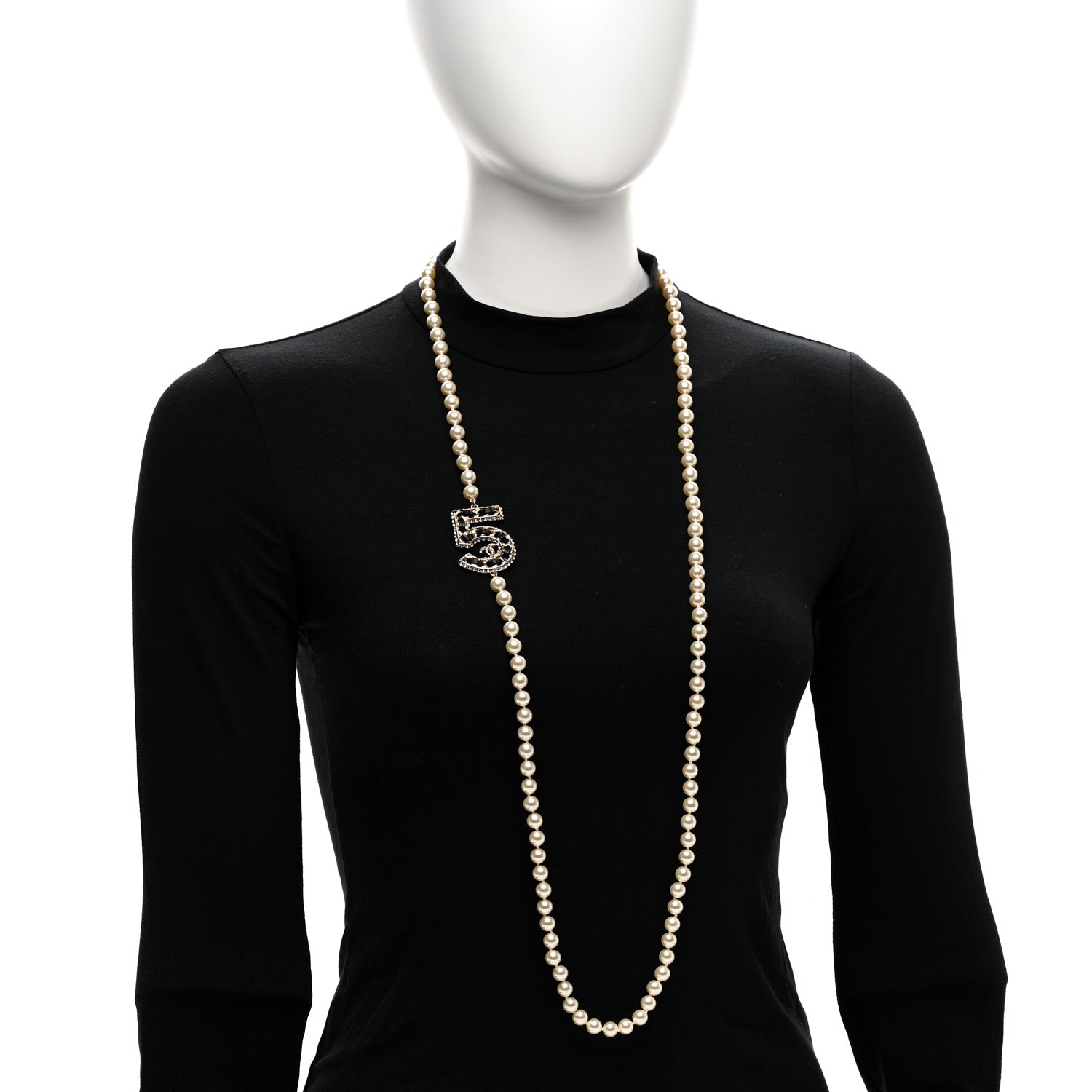 Chanel Pearl Crystal Lambskin Chain CC No 5 Long Necklace Gold 2 of 5
