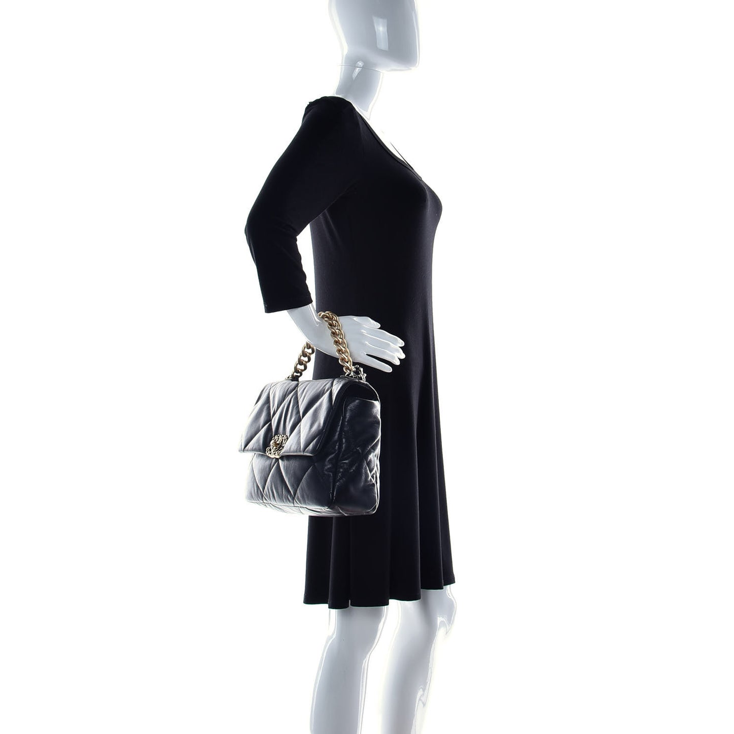 Shiny Goatskin Quilted Large Chanel 19 Flap Black