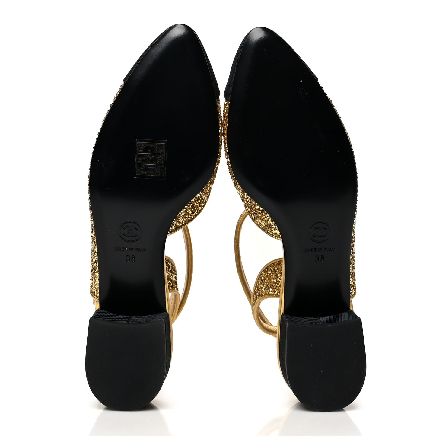 Glitter Grosgrain Cap Toe CC Ankle Wrap Pumps 38 Gold Black