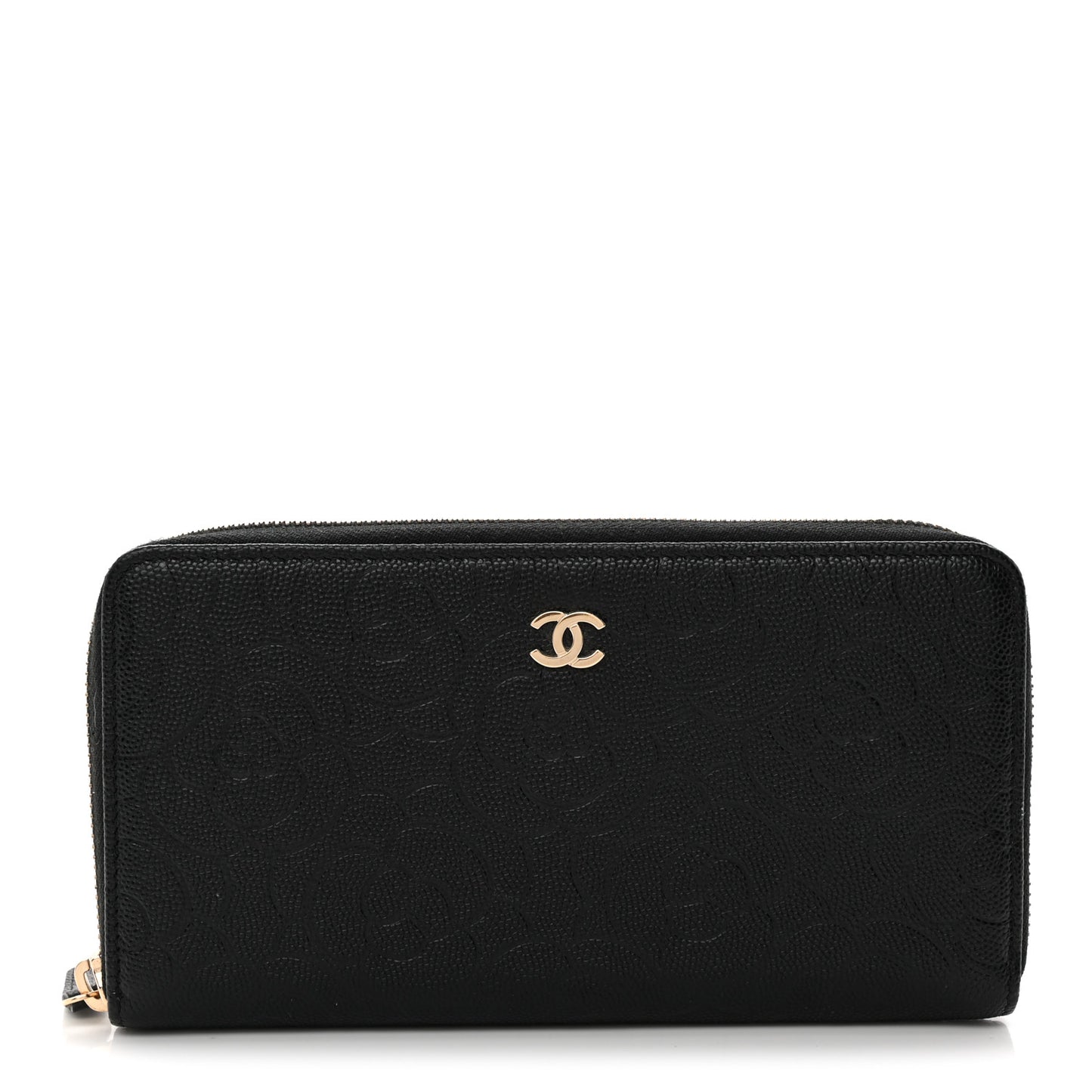 Caviar Camellia Embossed Large Zip Around Gusset Wallet Black