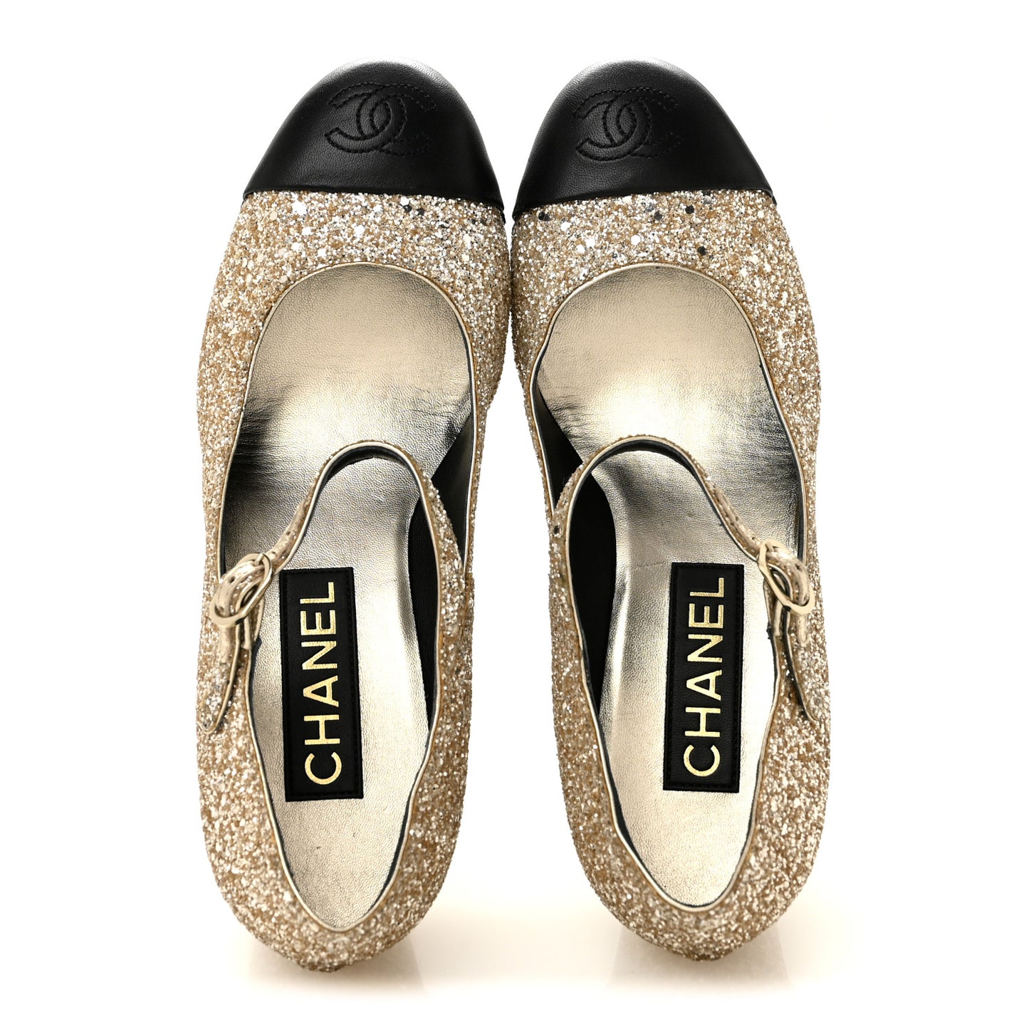 Glitter Lambskin Cap Toe CC Mary Jane Pumps 38 Light Gold Black