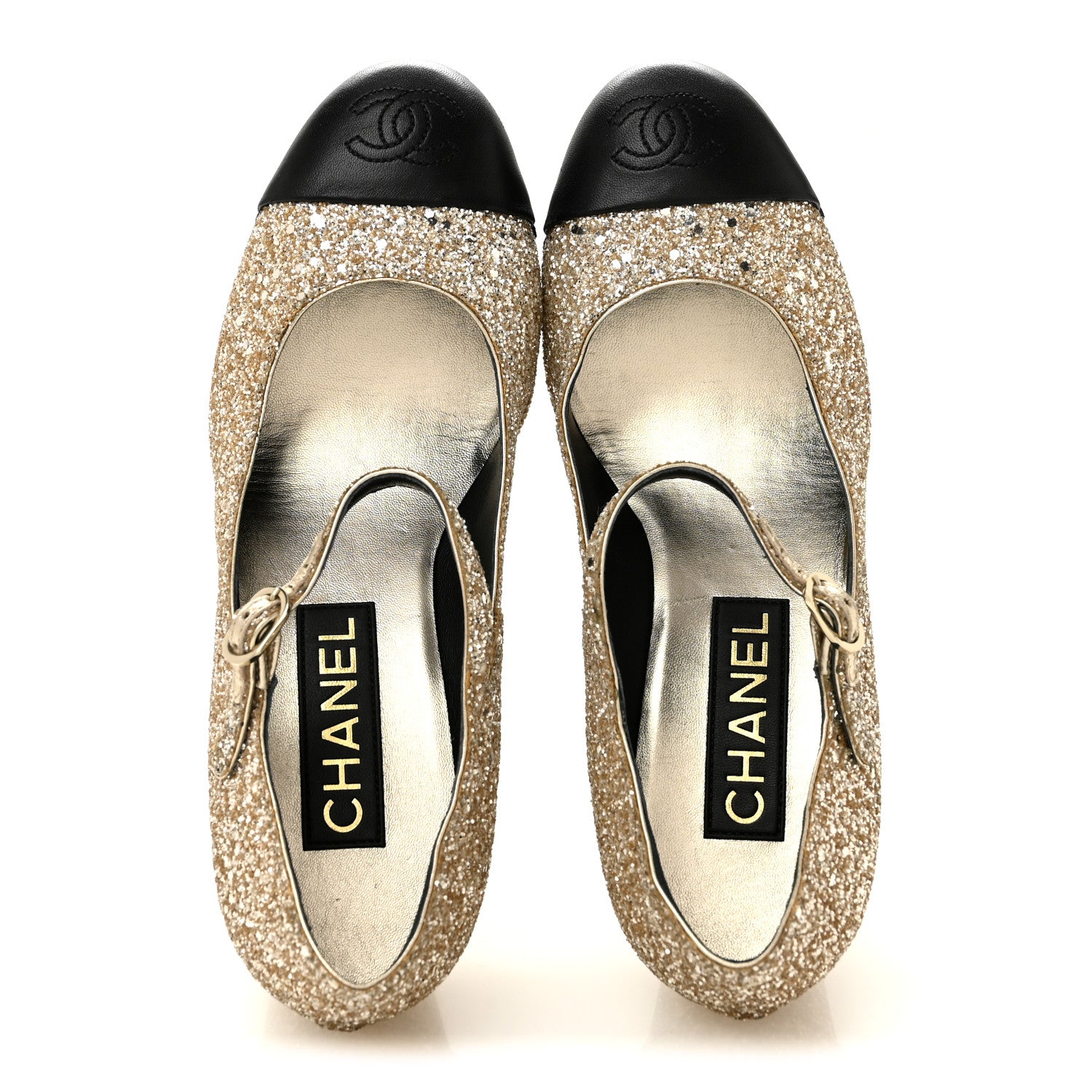 Chanel Glitter Lambskin Cap Toe CC Mary Jane Pumps 38 Light Gold Black 2 of 10
